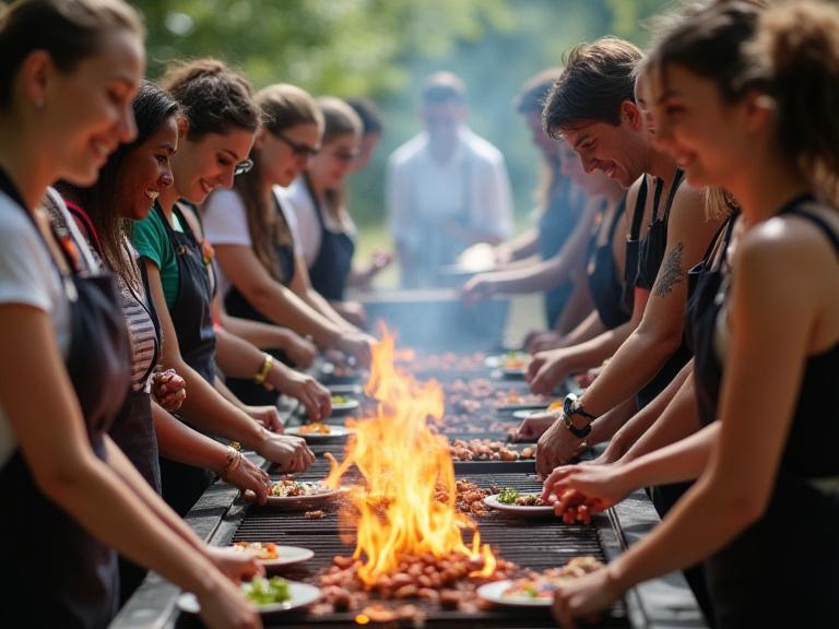A group of smiling people gathered around a large grill during a Basilisk Blends workshop.